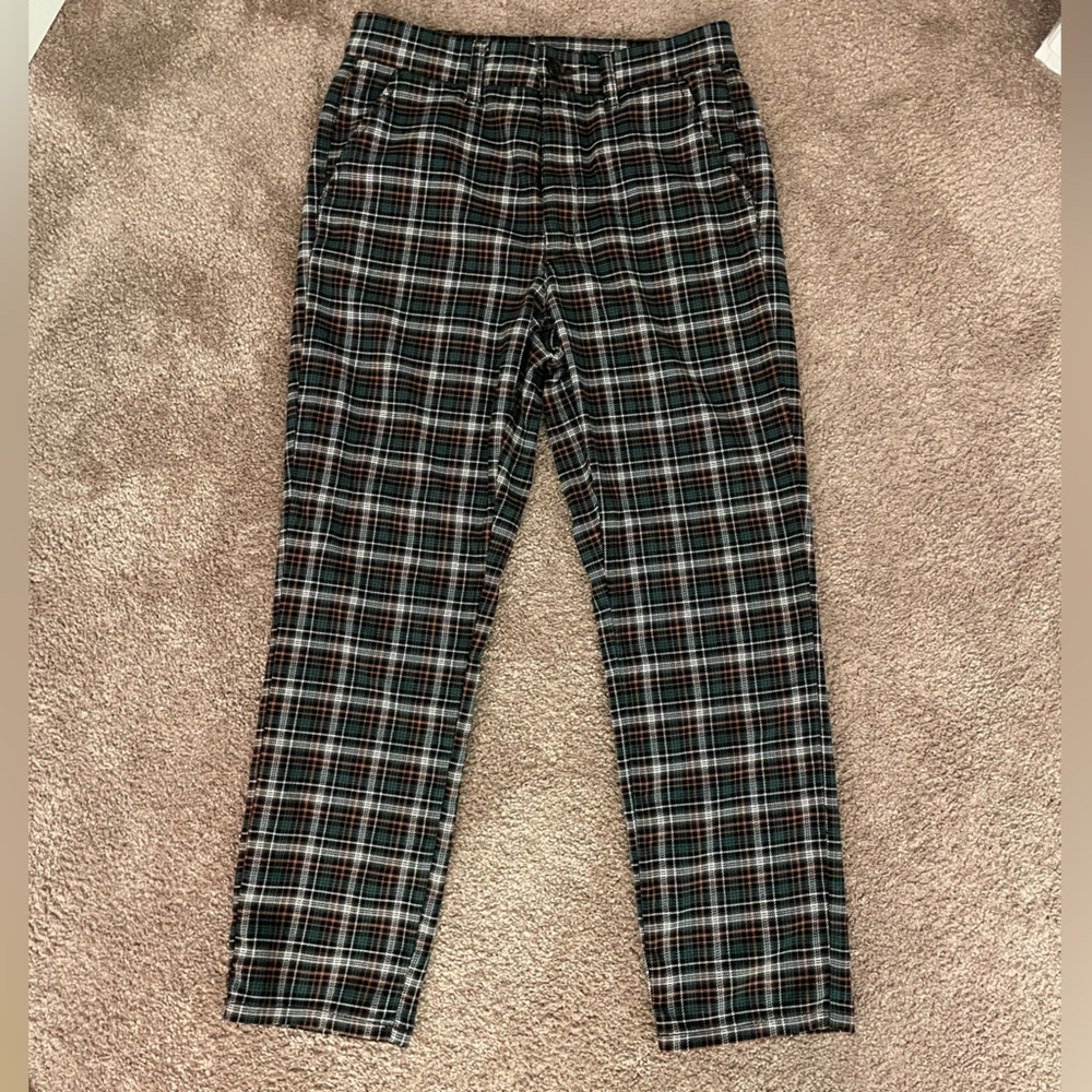 Green, tan, white and black plaid straight leg pants